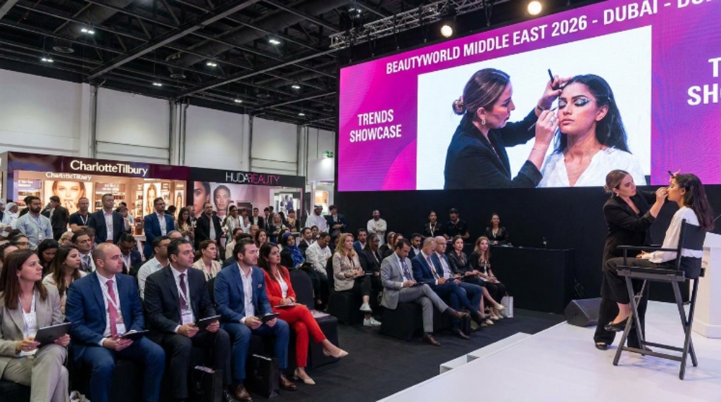 A live makeup artistry demonstration on stage at Beautyworld Middle East 2026, showcasing beauty trends to international trade buyers in Dubai