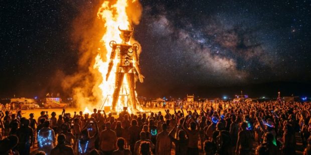 A massive wooden effigy surrounded by towering flames at night during Burning Man 2026 in Nevada's Black Rock Desert, with thousands of participants watching under a star-filled sky