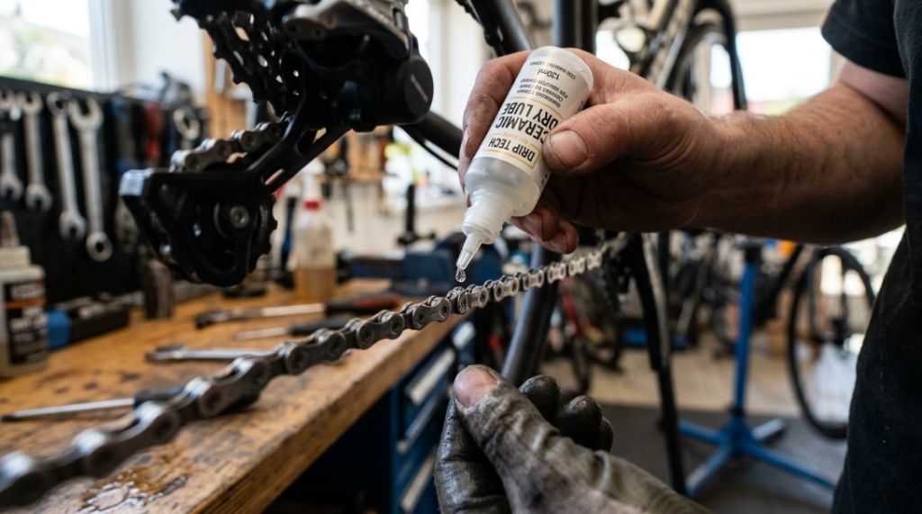 A person applying drops of liquid lubricant to individual bike chain links in a workshop.