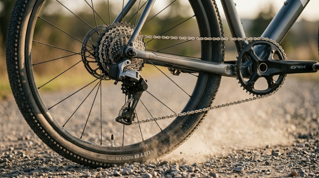 A mountain bike kicker up a cloud of dust while riding on an arid trail.