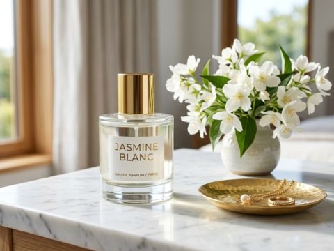 A luxury glass perfume bottle sitting on a marble vanity next to white jasmine flowers.