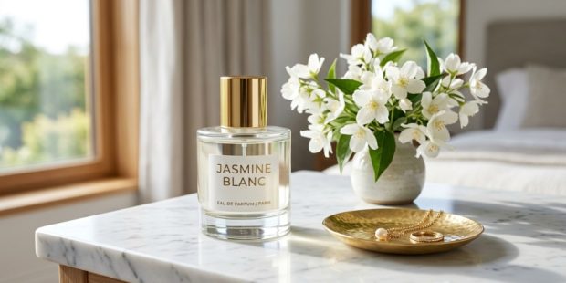 A luxury glass perfume bottle sitting on a marble vanity next to white jasmine flowers.