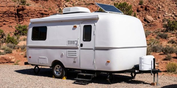 Camper parked under desert cliffs in Moab during summer heat