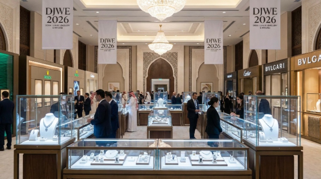 Luxury jewellery and watches display at DJWE 2026 Doha exhibition hall