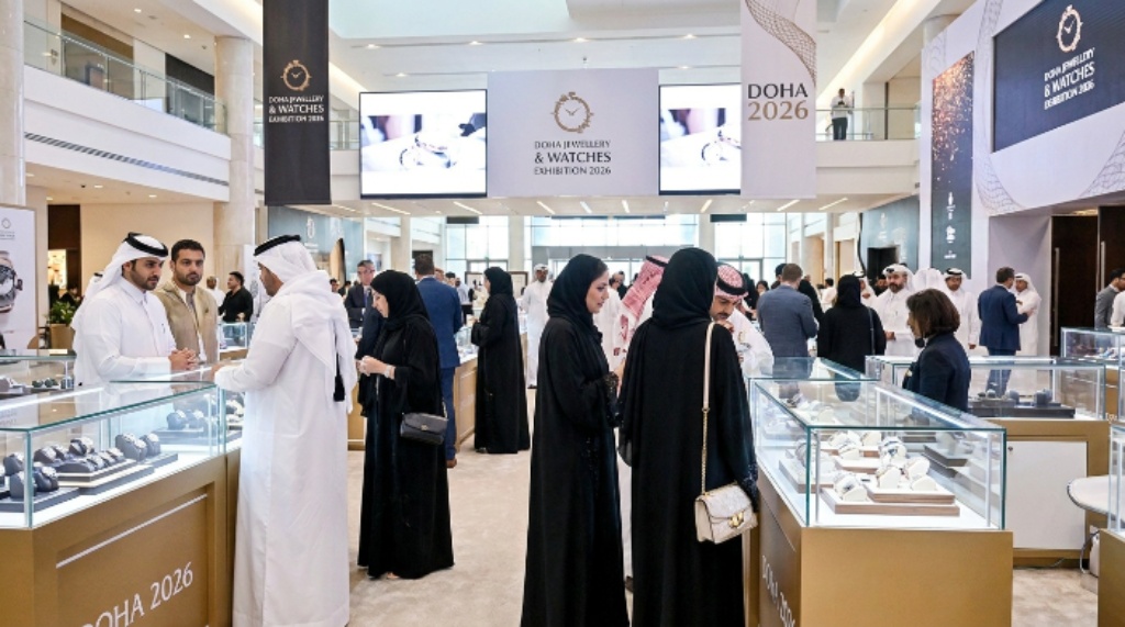 Visitors browsing fine watches at Doha Jewellery Exhibition 2026