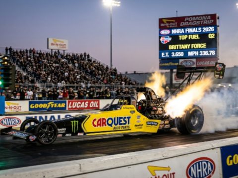 Top Fuel dragster launching at In-N-Out Burger Pomona Dragstrip NHRA Finals 2026