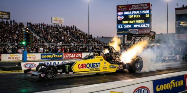 Top Fuel dragster launching at In-N-Out Burger Pomona Dragstrip NHRA Finals 2026