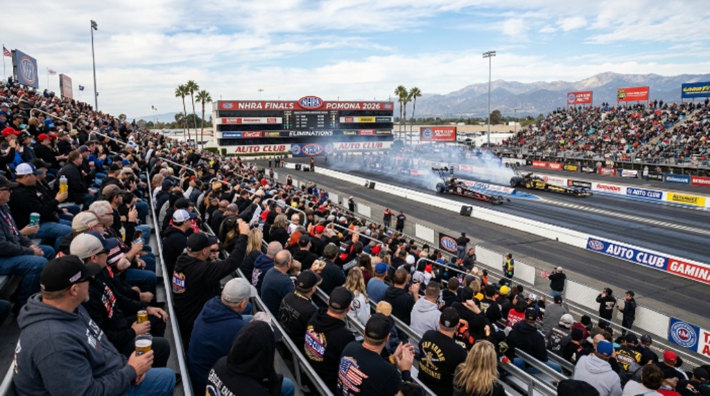 Fans watching eliminations at NHRA Finals Pomona grandstands November 2026