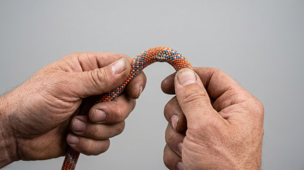 Close-up hands feeling a climbing rope for core damage or soft spots.