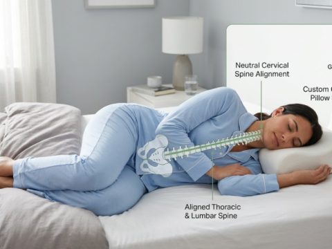 White adjustable loft pillow on a bed showing memory foam layers inside.