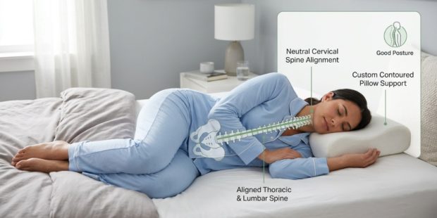 White adjustable loft pillow on a bed showing memory foam layers inside.