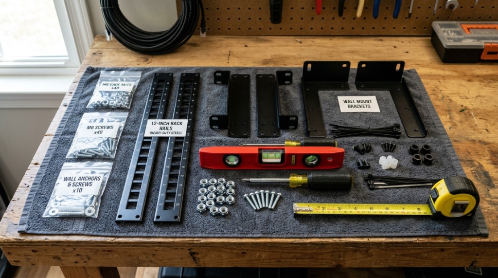 Essential tools and metal mounting brackets for surfboard racks.