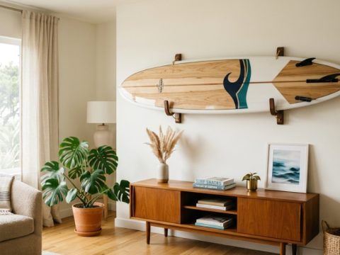 Modern surfboard mounted securely on a living room wall rack.