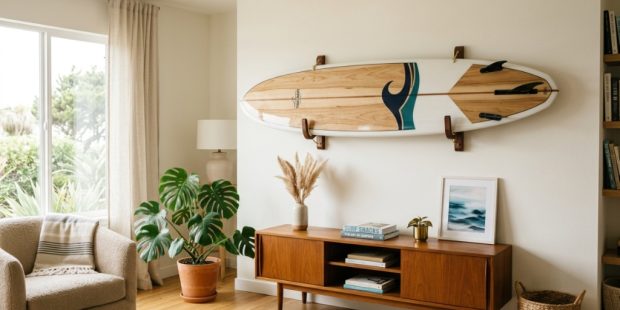 Modern surfboard mounted securely on a living room wall rack.
