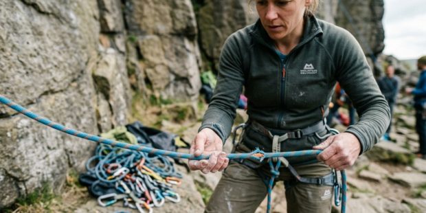 Climber carefully inspecting a dynamic rope outdoors in bright daylight.