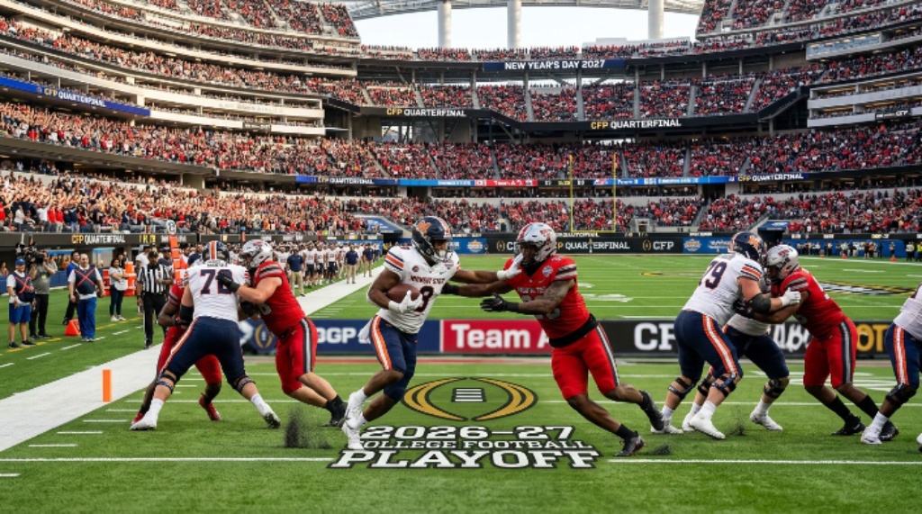 College football players competing in a quarterfinal bowl game during the 2026–27 College Football Playoff at a neutral-site stadium on New Year's Day 2027