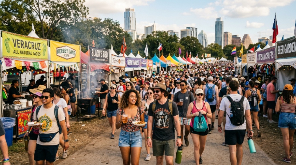 Festival goers walking through Zilker Park food and vendor area