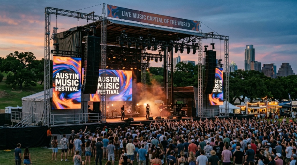 Outdoor concert stage setup at an Austin music festival