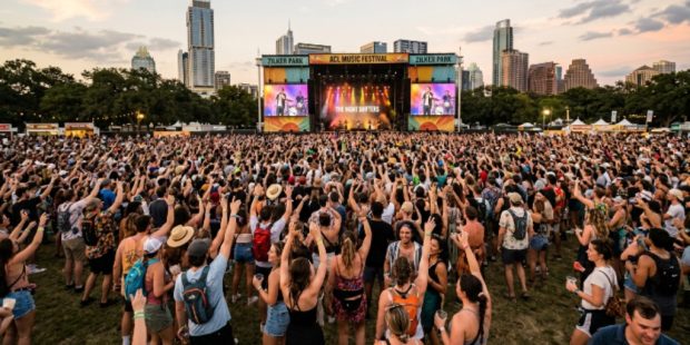 Crowd enjoying live music at Zilker Park during a festival weekend