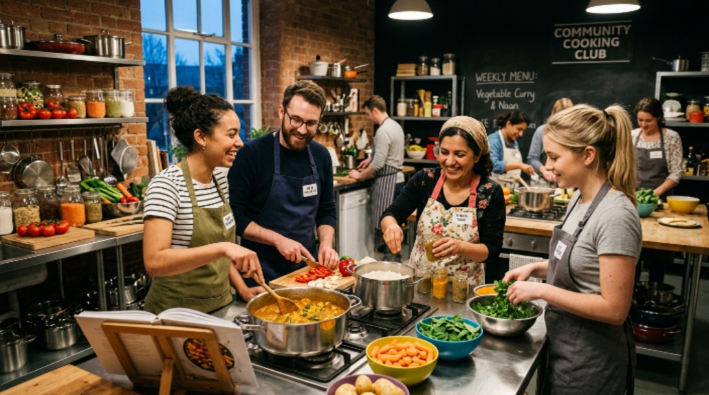New members preparing meals in a community cooking club kitchen