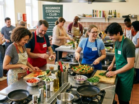People cooking together during a beginner-friendly cooking club session