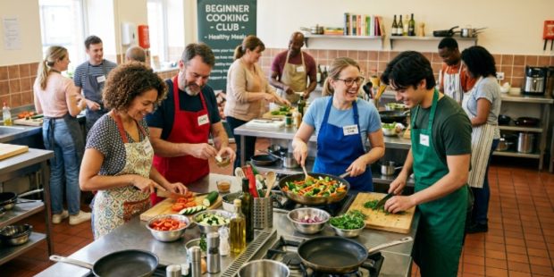 People cooking together during a beginner-friendly cooking club session