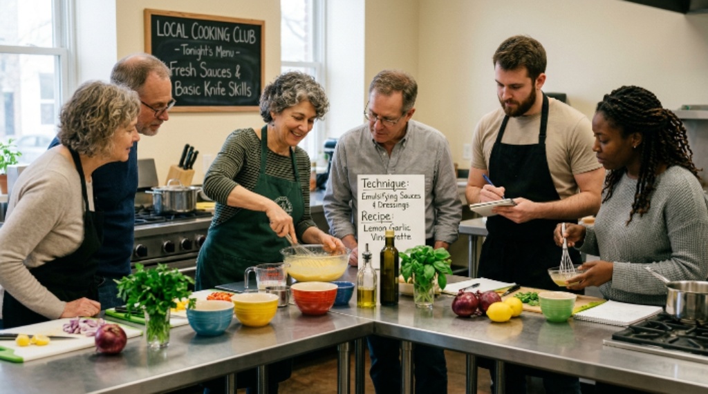 Home cooks learning recipes and techniques at a local cooking club