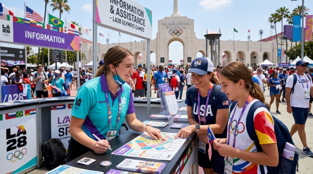 LA28 volunteer assisting visitors at an Olympic venue information booth in Los Angeles