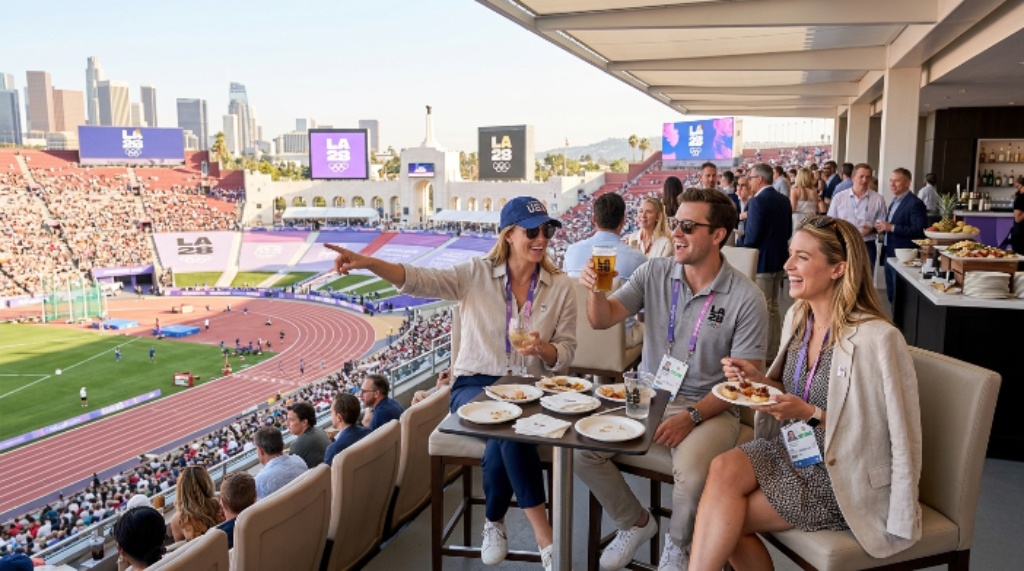 Spectators enjoying an LA28 Olympic event with premium hospitality seating and stadium views