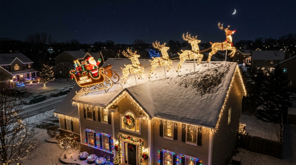 Life-sized lit reindeer and sleigh on a residential rooftop at night
