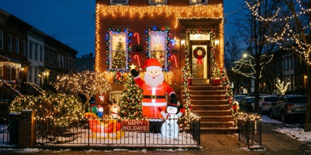 Decorated Brooklyn house with holiday lights and inflatable Santa display