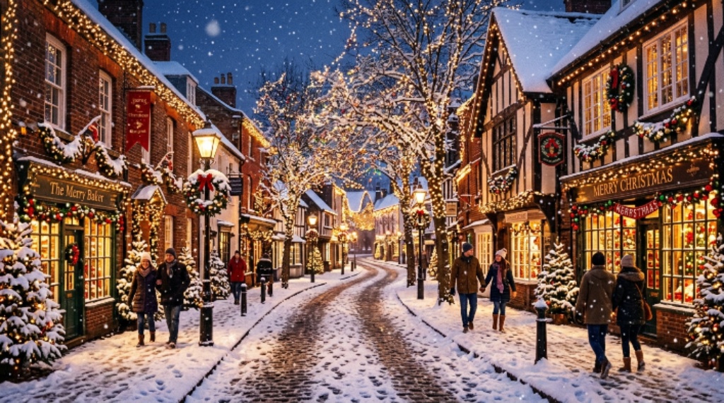 Snow-covered street lined with festive holiday light decorations