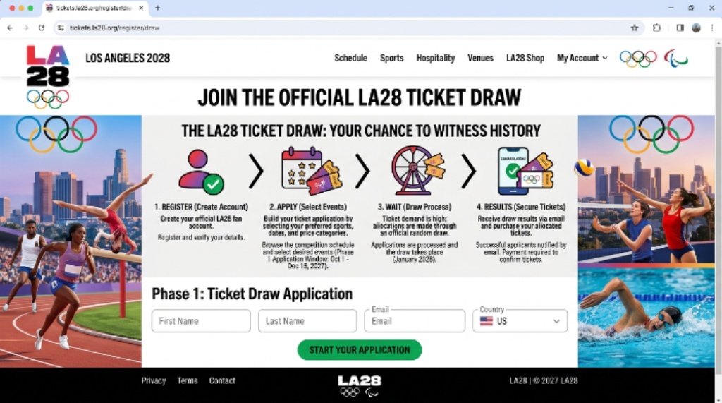 LA28 Olympics ticket registration page showing the official ticket draw process for fans