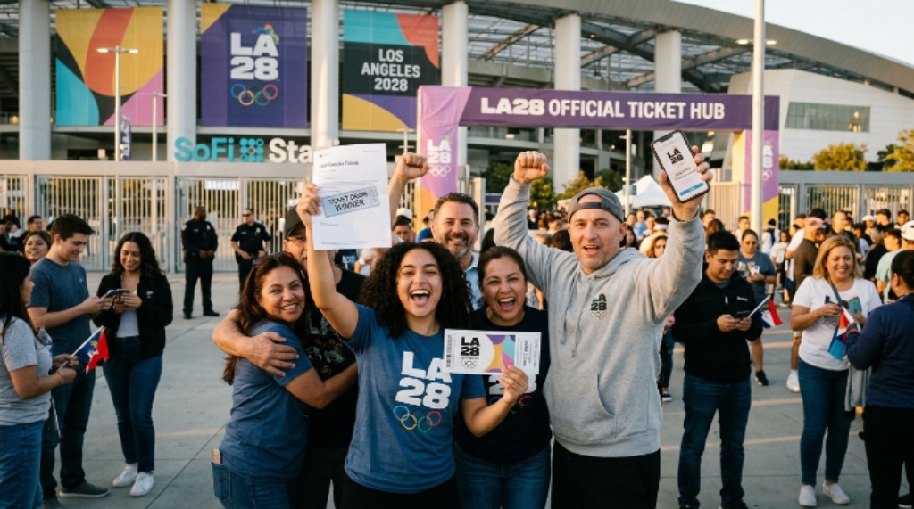 Spectators celebrating at an Olympic venue after securing LA28 Olympics tickets through the ticket draw