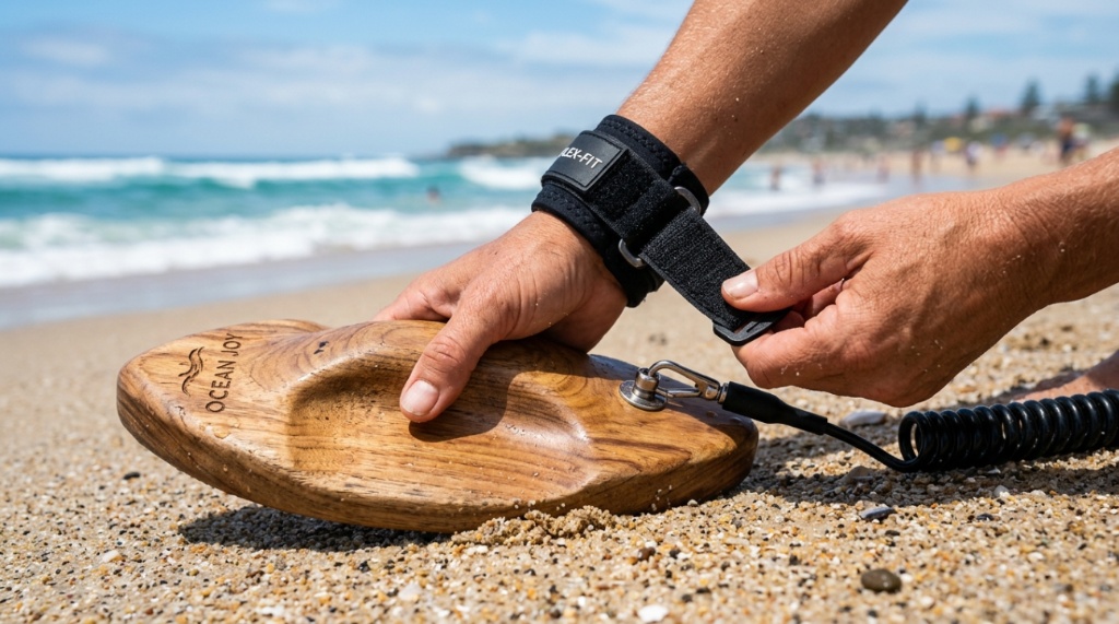 Person securing a safety wrist leash on a bright bodysurfing handplane.