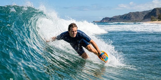 Surfer riding a blue ocean wave using a wooden bodysurfing handplane.