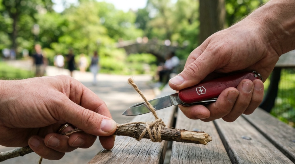 Hands opening a multi-tool knife blade in a city park.