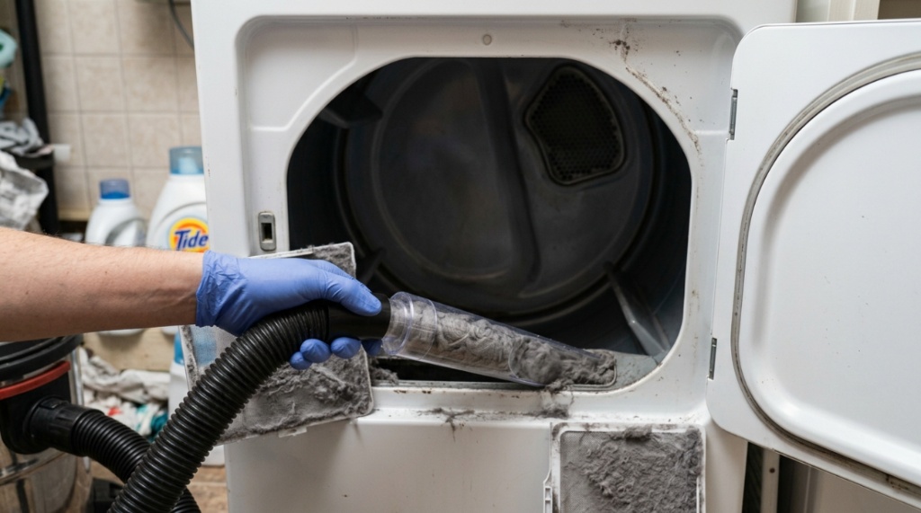 Transparent vacuum attachment removing lint from a dryer trap.