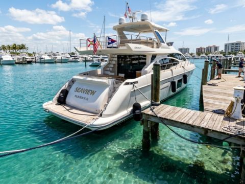 Yacht securely tied with heavy dock lines at a Florida marina.