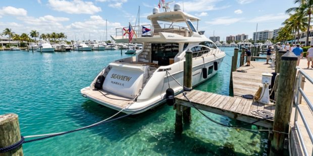 Yacht securely tied with heavy dock lines at a Florida marina.