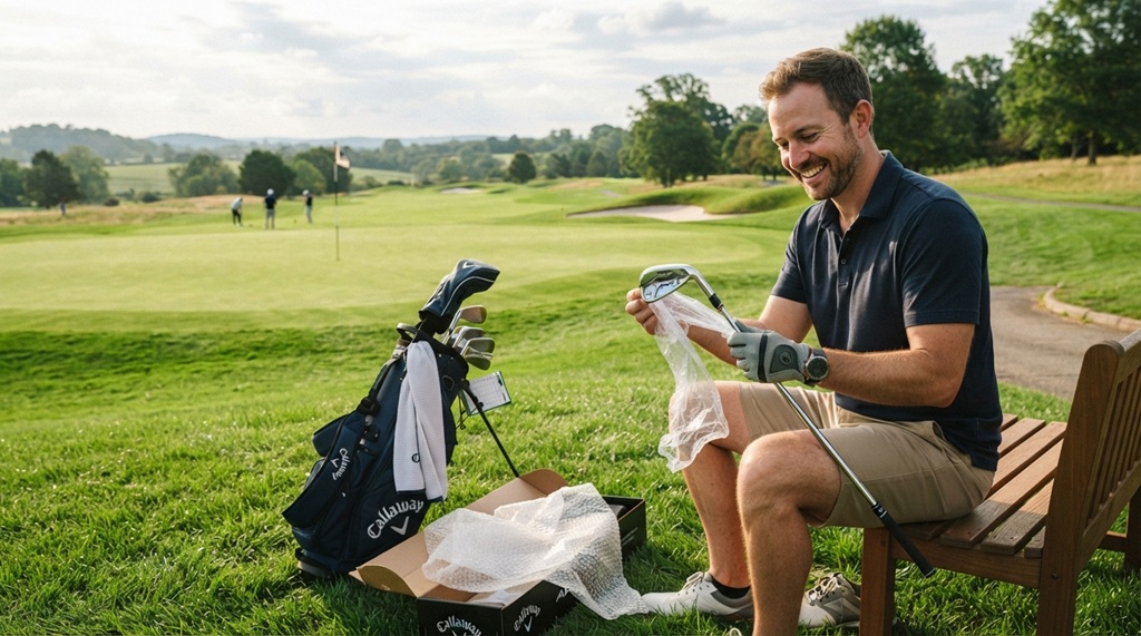 Smiling man holding a new set of golf irons on a sunny fairway.