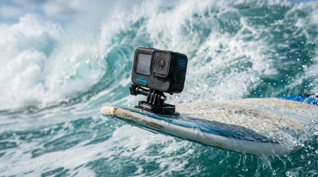 Rugged waterproof action camera mounted on a surfboard cutting waves.