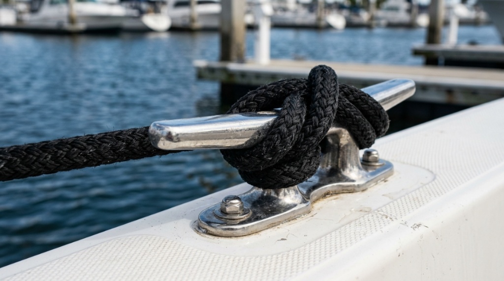 Durable nylon dock line secured tightly to a boat cleat.