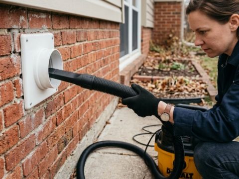 Person connecting a flexible vacuum hose to an outdoor dryer vent.