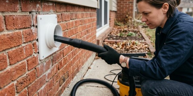 Person connecting a flexible vacuum hose to an outdoor dryer vent.