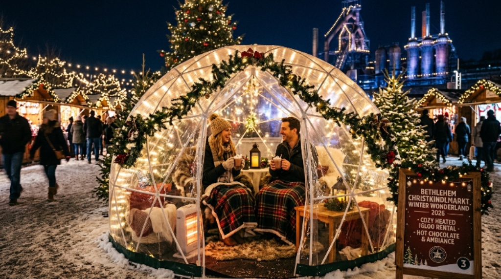 Cozy heated igloo rental with hot chocolate at the Bethlehem Christkindlmarkt Winter Wonderland 2026