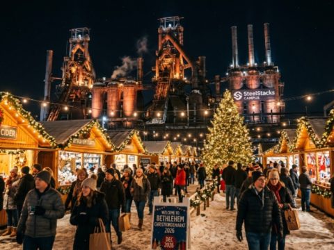 Glowing Christmas market stalls at Bethlehem Christkindlmarkt 2026 with the Bethlehem Steel blast furnaces in the background