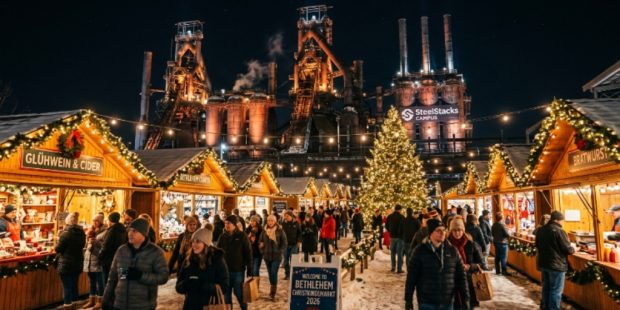 Glowing Christmas market stalls at Bethlehem Christkindlmarkt 2026 with the Bethlehem Steel blast furnaces in the background