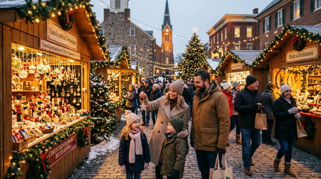 Families browsing handmade ornaments and holiday gifts at an outdoor German-style Christmas market in Bethlehem, Pennsylvania