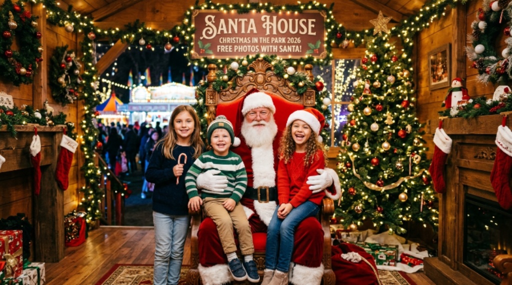 Children posing for a free photo with Santa Claus inside the Santa House at Christmas in the Park 2026, surrounded by festive holiday decorations in San Jose